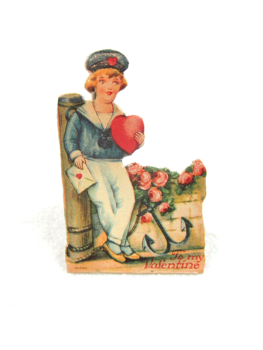 Vintage Valentine Die Cut Stand Up Boy Sailor Heart Rose Bush 1920s-30s Germany